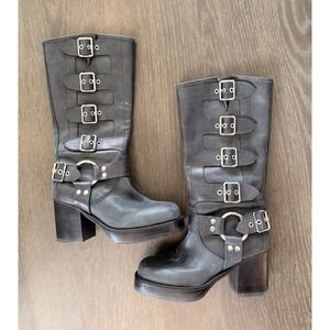 Jeffrey Campbell $398 Buckle Up Baby Moto Boots Heeled Knee High Size 9